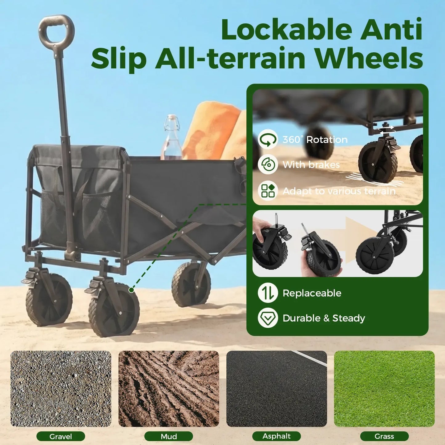 Collapsible Folding Wagon - Oxford Cloth Quick-Fold Portable Foldable Trolley, 102L Large Capacity, 330 lbs Load, Wheels & Flexible Handle, Camping Gear for Outdoor Camping, Grocery Shopping